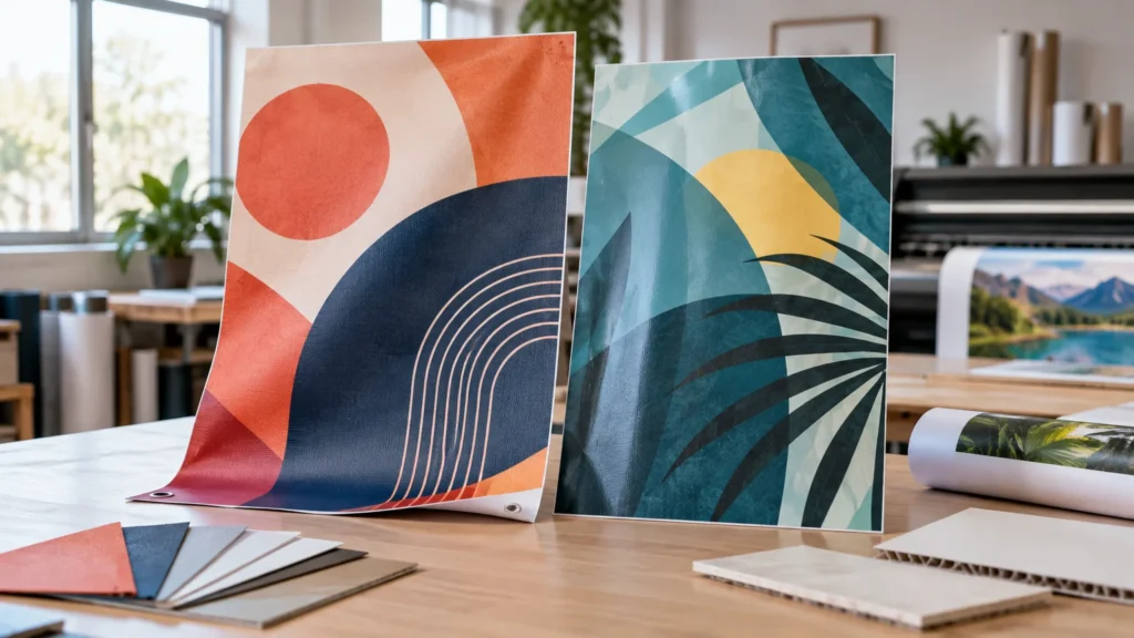 Two large printed display samples with colorful abstract designs stand on a worktable in a bright print studio, alongside material swatches, boards, rolled prints, and a wide-format printer.