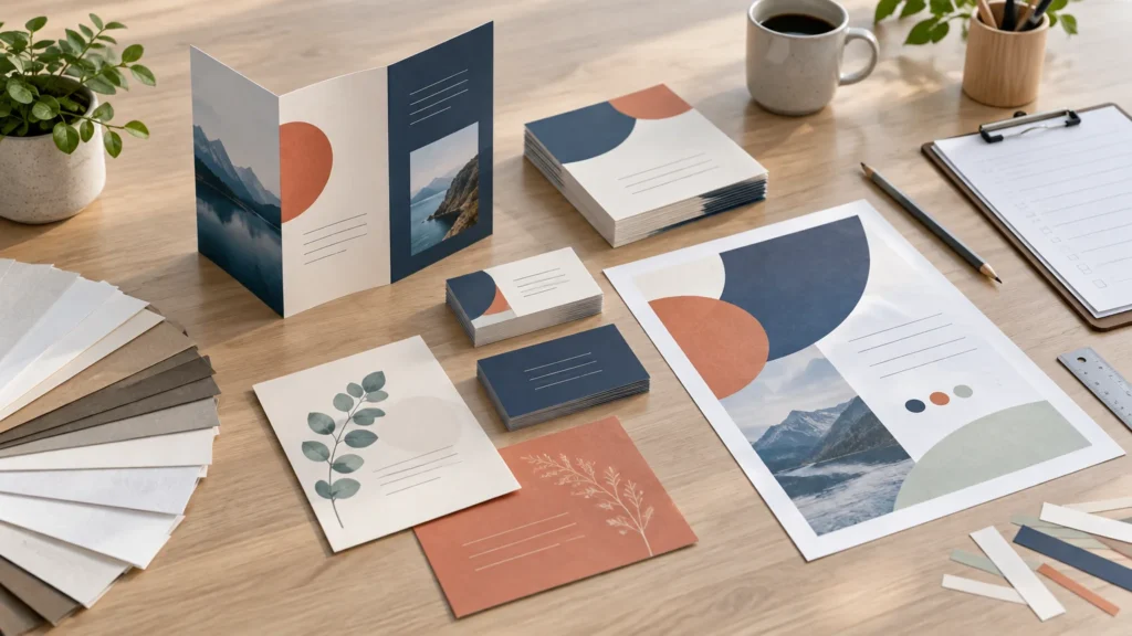 A sunlit wooden desk arranged with an open folded brochure, stacks of matching cards and leaflets, a large poster sheet, assorted paper stocks, colour swatches, a pencil, ruler, checklist clipboard, coffee mug and small plant.