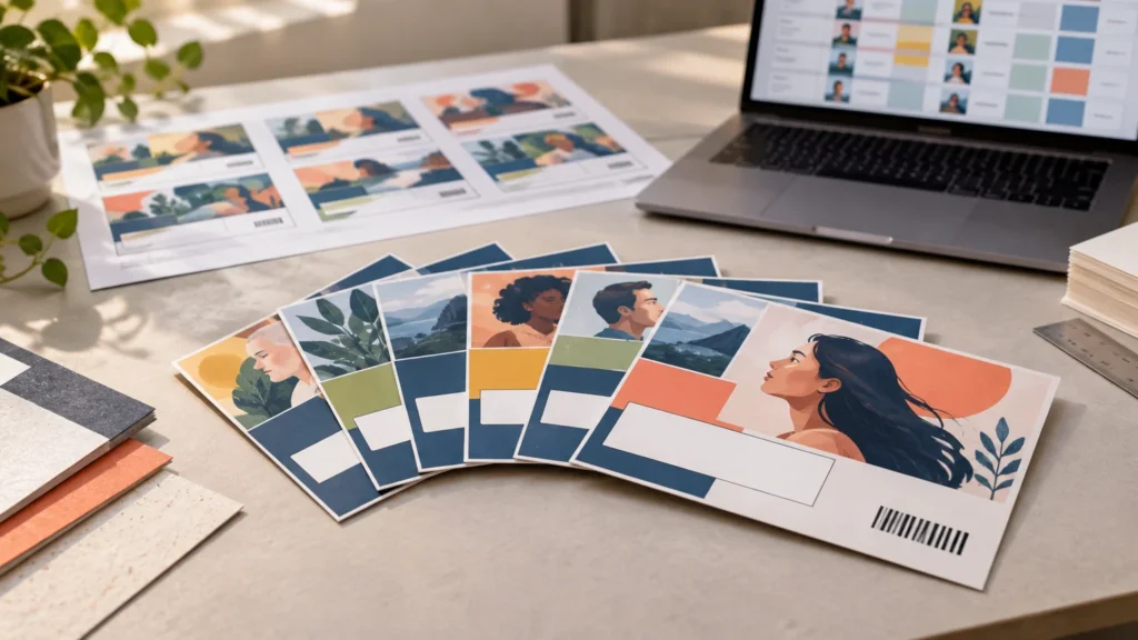 A tidy print-prepress desk with a fan of personalized illustrated mailers featuring varied portraits, color blocks, blank address areas, and barcodes, alongside proof sheets, paper samples, a ruler, and a laptop showing a grid of recipient-style designs.