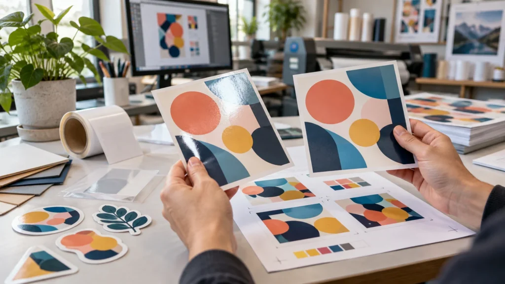 Hands compare two glossy geometric print samples over a proof sheet and assorted die-cut stickers in a tidy print studio.
